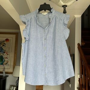 H&M Ruffled Neckline and Sleeves Seersucker Tunic Blouse Sz L